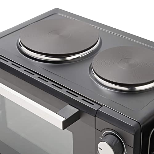 Quest 35379 26L Twin Hob Countertop Rotisserie and Convection Mini Oven/Adjustable Temperature/Accessories Included / 60 Mins Timer & Auto Shut Off with Bell