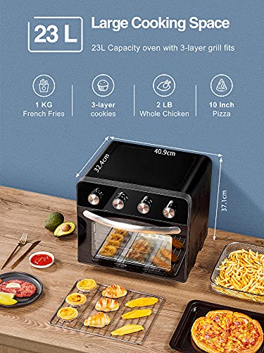 Air Fryer Oven 23 L Mini Oven, 1700W Convection Toaster Oven with Dehydrator Function, 6 Cooking Mode, Built-in lighting, Automatic Timer (0-60min), 6 Free Accessories, Black