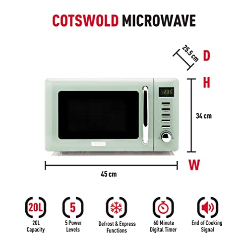 Haden Cotswold Sage Green Microwave - 20ltr Capacity - 800W Microwave - Digital Controls - 60 Minute Timer - 5 Power Levels - Digital Controls - Defrost and Express Functions