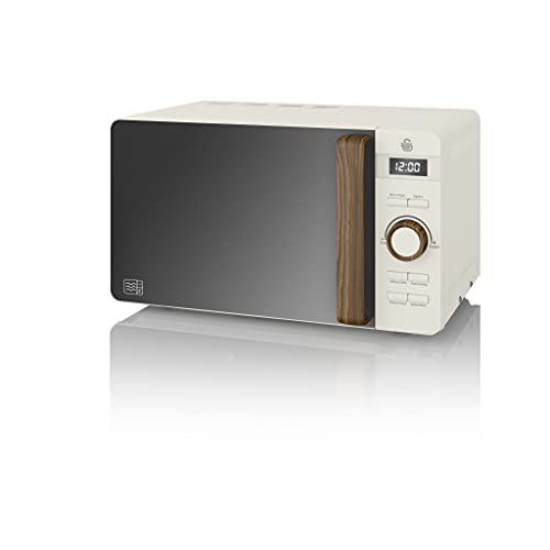 Swan SM22036WHTN, Nordic Digital Microwave, Wood Effect Handle, Soft Touch Housing and Matt Finish, 800W, Cotton White