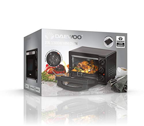 Daewoo Mini Oven & Grill- 1300w Countertop Electric Cooker with adjustable Temperature Settings and 60 Minute Timer with Indicator Light. Including Baking tray & Wire Rack.