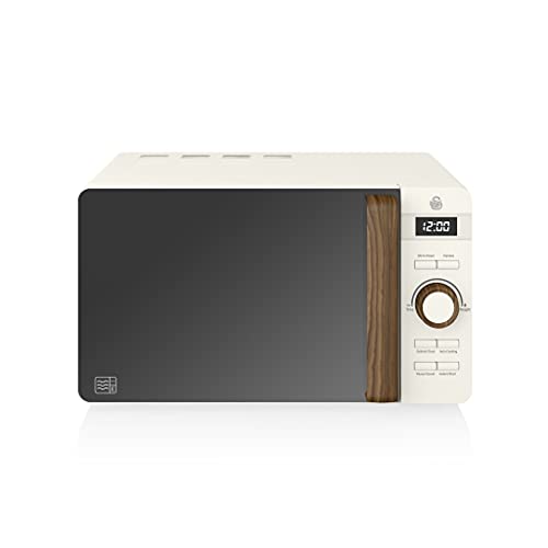Swan SM22036WHTN, Nordic Digital Microwave, Wood Effect Handle, Soft Touch Housing and Matt Finish, 800W, Cotton White