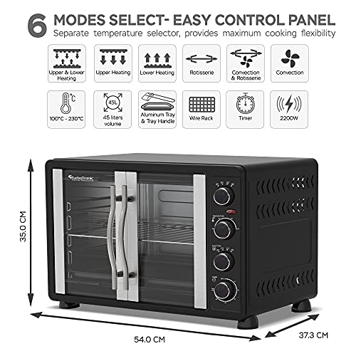 TurboTronic Mini Oven with Circulating Air, 45 L, Black, 2000W, Rotisserie Timer, Mini Oven, Pizza Oven, Baking Tray, Interior Lighting