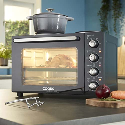 Cooks Professional 34L Mini Oven & Hob, Energy Efficient Electric Multi Function Countertop Cooker with Two Hot Plates, Adjustable Temperature Control & Timer, 1500W with Roasting Dish, Wire Rack…