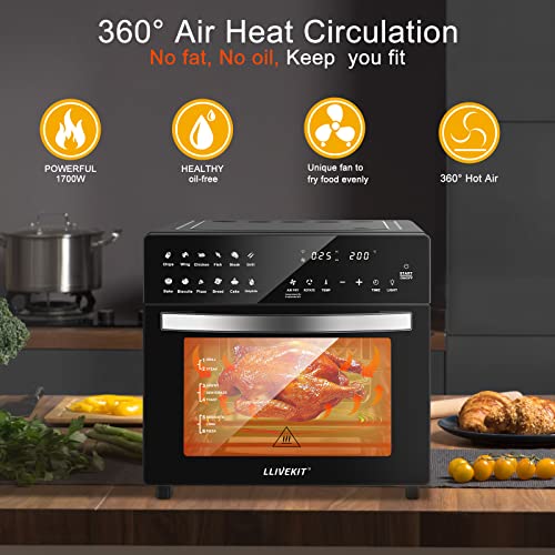 LLIVEKIT Air Fryer Oven with Rotisserie Mini Oven 26L Large Family Size Air Fryer Countertop Convection Oven Low Fat Oil-Less Cooking, Timer & Temperature Control, 12 Preset Programs, 1700 Watts