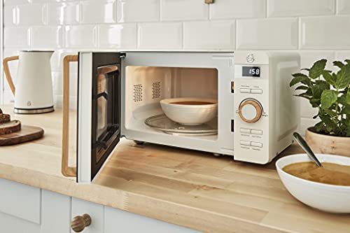 Swan SM22036WHTN, Nordic Digital Microwave, Wood Effect Handle, Soft Touch Housing and Matt Finish, 800W, Cotton White