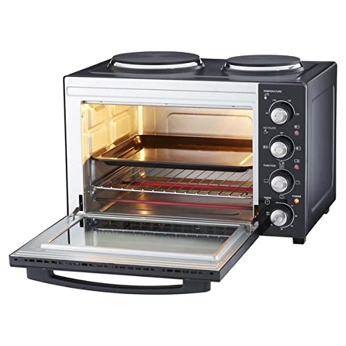 Cooks Professional 34L Mini Oven & Hob, Energy Efficient Electric Multi Function Countertop Cooker with Two Hot Plates, Adjustable Temperature Control & Timer, 1500W with Roasting Dish, Wire Rack…