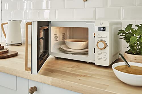 Swan SM22036WHTN, Nordic Digital Microwave, Wood Effect Handle, Soft Touch Housing and Matt Finish, 800W, Cotton White