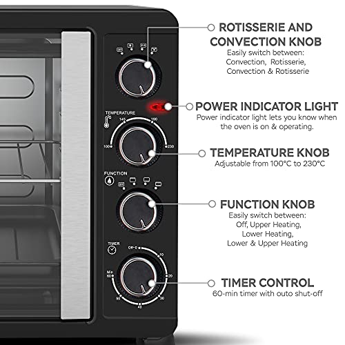 TurboTronic Mini Oven with Circulating Air, 45 L, Black, 2000W, Rotisserie Timer, Mini Oven, Pizza Oven, Baking Tray, Interior Lighting