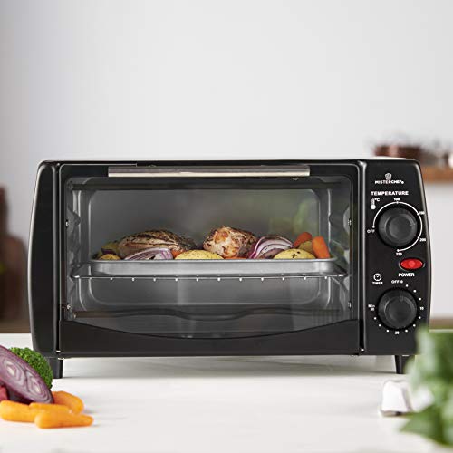 MisterChef® 10 Litre Electric Portable Mini Oven and Grill, Temperatures up to 250°C, 30 min Timer Auto Shut Off, 800W, Black - Free 2 Year Warranty, Free Recipe Booklet