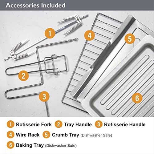 Quest 35399 20L Mini Countertop Oven 1500W / Multifunction Cooking Grill, Bake, Toast, Rotisserie, and Convection/Adjustable Temperature / 60 Mins Timer & Auto Shut Off with Bell