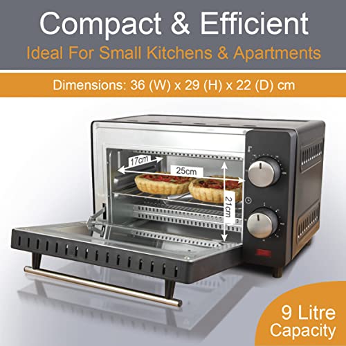 Quest 35409 Compact 9L Mini Oven/Temperature Controlled from 100-230° / 60 Minute Timer with Auto Shut Off / 650W / Tempered Glass Door / 36.5 cm x 28.5 cm x 22.1 cm, Black
