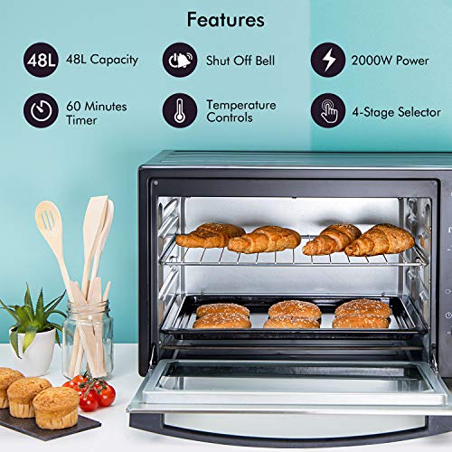 Geepas 48L Mini Oven and Grill – 2000W Electric Oven with Rotisserie & 60 Minute Timer - 4 Selector for Baking Roasting & Grilling – Switch for Rotisserie Control, Double Glass Door – 2 Years Warranty