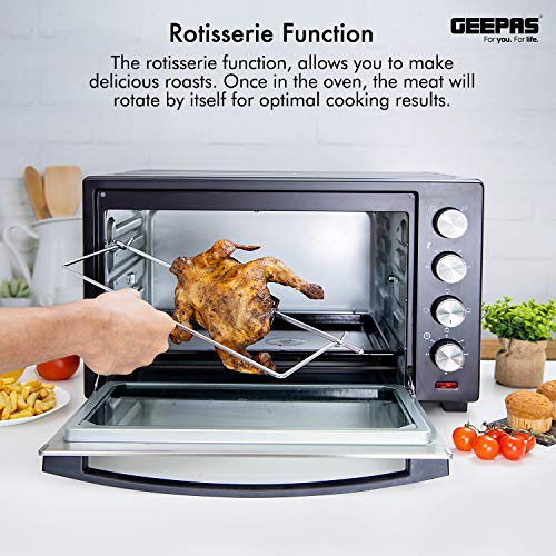 Geepas 48L Mini Oven and Grill – 2000W Electric Oven with Rotisserie & 60 Minute Timer - 4 Selector for Baking Roasting & Grilling – Switch for Rotisserie Control, Double Glass Door – 2 Years Warranty