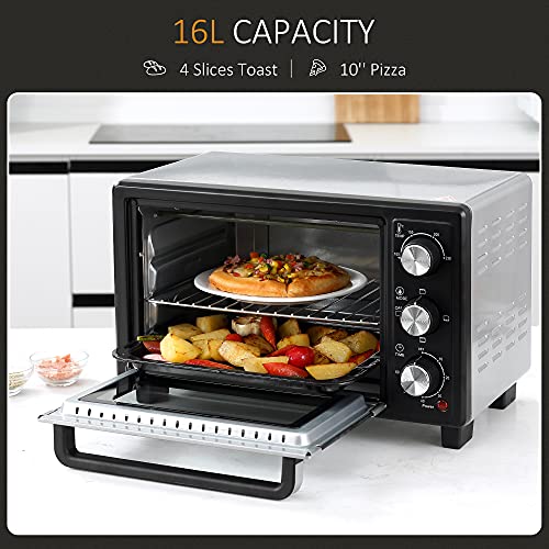 HOMCOM Convection Mini Oven, 16L Countertop Electric Grill, Toaster Oven with Adjustable Temperature, 60 Min Timer, Crumb Tray, Baking Tray, Wire Rack, Tray Handle, 1400W