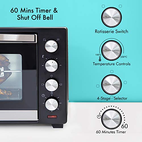 Geepas 48L Mini Oven and Grill – 2000W Electric Oven with Rotisserie & 60 Minute Timer - 4 Selector for Baking Roasting & Grilling – Switch for Rotisserie Control, Double Glass Door – 2 Years Warranty