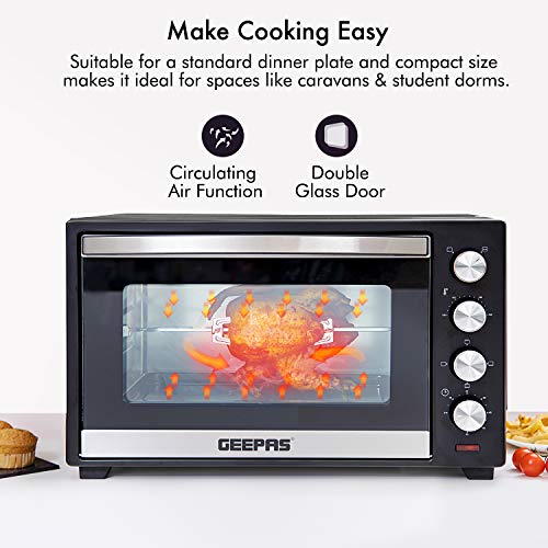 Geepas 48L Mini Oven and Grill – 2000W Electric Oven with Rotisserie & 60 Minute Timer - 4 Selector for Baking Roasting & Grilling – Switch for Rotisserie Control, Double Glass Door – 2 Years Warranty