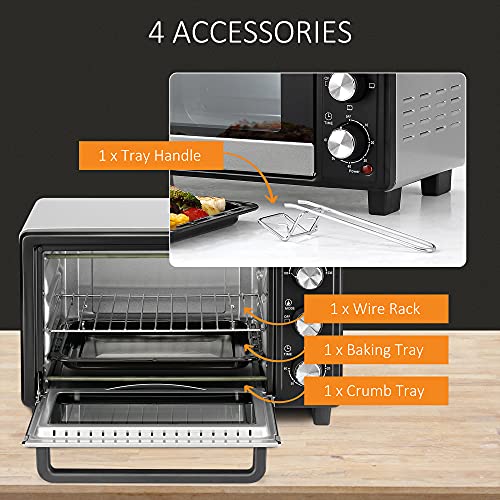 HOMCOM Convection Mini Oven, 16L Countertop Electric Grill, Toaster Oven with Adjustable Temperature, 60 Min Timer, Crumb Tray, Baking Tray, Wire Rack, Tray Handle, 1400W