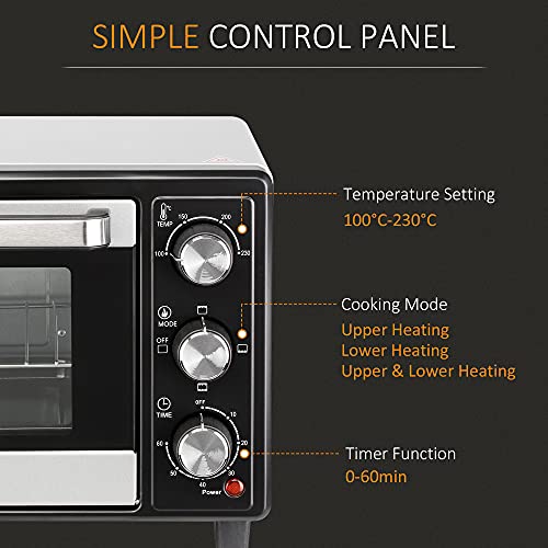 HOMCOM Convection Mini Oven, 16L Countertop Electric Grill, Toaster Oven with Adjustable Temperature, 60 Min Timer, Crumb Tray, Baking Tray, Wire Rack, Tray Handle, 1400W