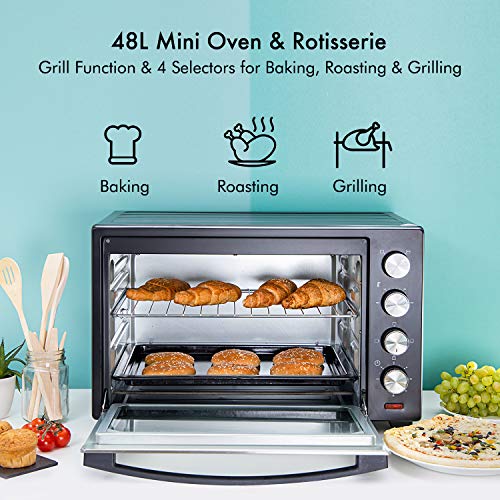 Geepas 48L Mini Oven and Grill – 2000W Electric Oven with Rotisserie & 60 Minute Timer - 4 Selector for Baking Roasting & Grilling – Switch for Rotisserie Control, Double Glass Door – 2 Years Warranty
