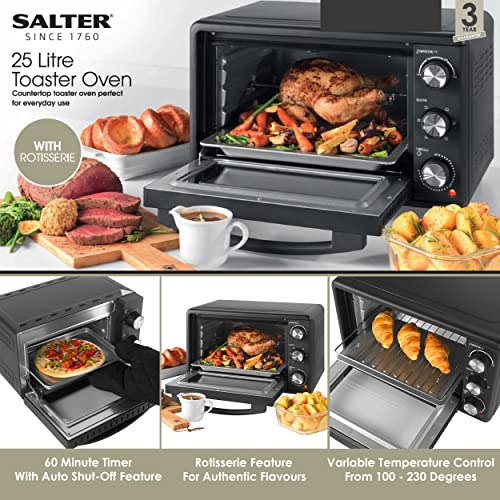 Salter EK4360 25L Mini Oven, Compact Electric Tabletop Toaster Oven, 1500 W, Includes Baking Tray & Wire Rack, Variable Temperature 100-230°C, Large Viewing Window, 60 Minute Timer