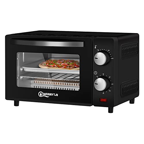 WANNYTON Electric Oven 10L, Mini Oven Electric Pizza Oven Countertop Oven, 60 Minute Timer, Temperature Adjustable 100-230°C, Baking Tray, Wire Rack, Tray Handle, 650W, Black
