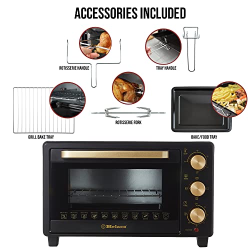 Belaco 23L Toaster Oven Tabletop Cooking Baking Portable Oven Rotiseerie1380w 60 min Timer with auto shut off 100-250° Stainless Steel Heating Tube incl. Baking Tray, Wire Rack, Handle, Rotisserie…