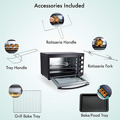 Geepas 48L Mini Oven and Grill – 2000W Electric Oven with Rotisserie & 60 Minute Timer - 4 Selector for Baking Roasting & Grilling – Switch for Rotisserie Control, Double Glass Door – 2 Years Warranty