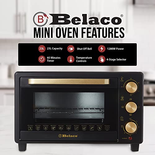 Belaco 23L Toaster Oven Tabletop Cooking Baking Portable Oven Rotiseerie1380w 60 min Timer with auto shut off 100-250° Stainless Steel Heating Tube incl. Baking Tray, Wire Rack, Handle, Rotisserie…