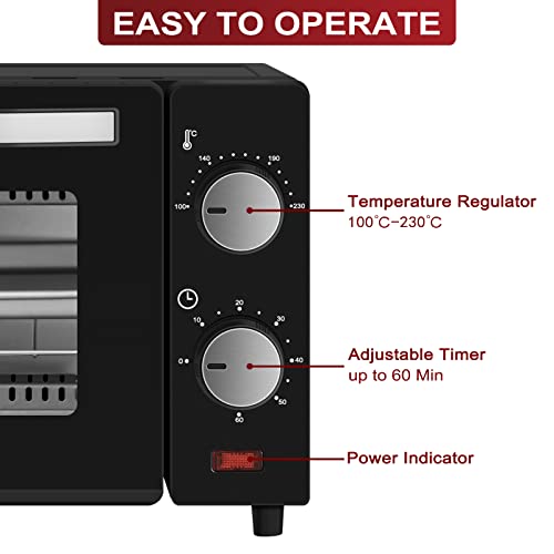 WANNYTON Electric Oven 10L, Mini Oven Electric Pizza Oven Countertop Oven, 60 Minute Timer, Temperature Adjustable 100-230°C, Baking Tray, Wire Rack, Tray Handle, 650W, Black