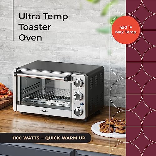 Toaster Oven 4 Slice, Multi-function Stainless Steel Finish with Timer - Toast - Bake - Broil Settings, Natural Convection - 1100 Watts of Power, Includes Baking Pan and Rack by Mueller Austria