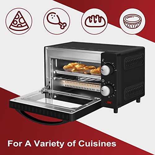 WANNYTON Electric Oven 10L, Mini Oven Electric Pizza Oven Countertop Oven, 60 Minute Timer, Temperature Adjustable 100-230°C, Baking Tray, Wire Rack, Tray Handle, 650W, Black