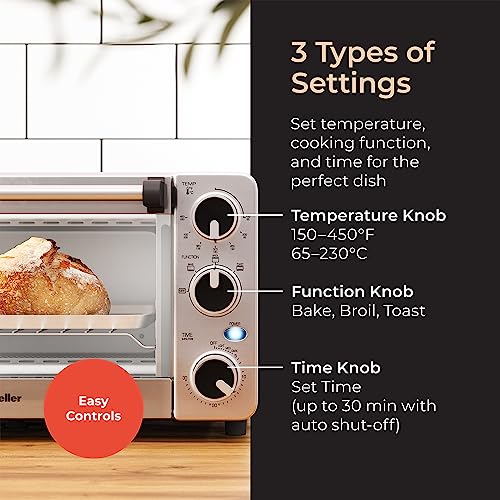 Toaster Oven 4 Slice, Multi-function Stainless Steel Finish with Timer - Toast - Bake - Broil Settings, Natural Convection - 1100 Watts of Power, Includes Baking Pan and Rack by Mueller Austria