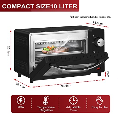 WANNYTON Electric Oven 10L, Mini Oven Electric Pizza Oven Countertop Oven, 60 Minute Timer, Temperature Adjustable 100-230°C, Baking Tray, Wire Rack, Tray Handle, 650W, Black