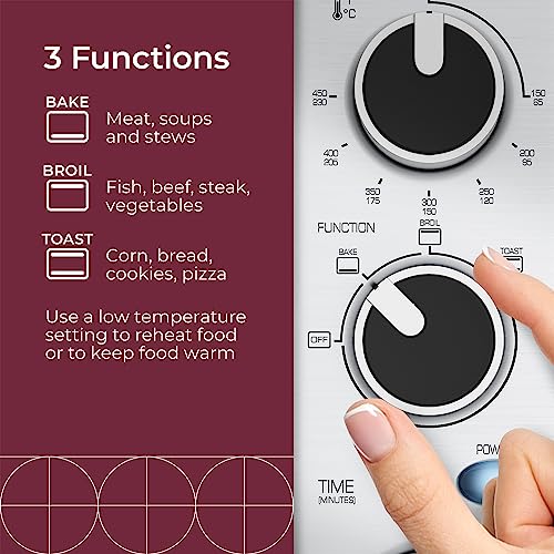 Toaster Oven 4 Slice, Multi-function Stainless Steel Finish with Timer - Toast - Bake - Broil Settings, Natural Convection - 1100 Watts of Power, Includes Baking Pan and Rack by Mueller Austria