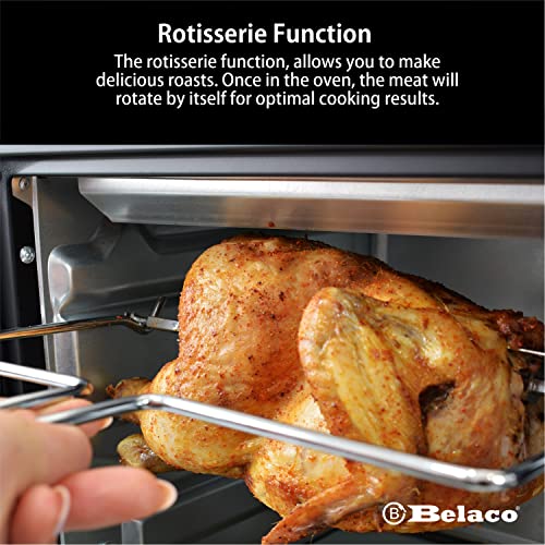 Belaco 23L Toaster Oven Tabletop Cooking Baking Portable Oven Rotiseerie1380w 60 min Timer with auto shut off 100-250° Stainless Steel Heating Tube incl. Baking Tray, Wire Rack, Handle, Rotisserie…
