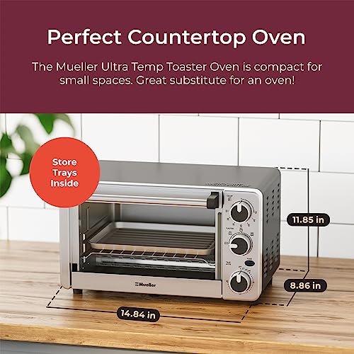 Toaster Oven 4 Slice, Multi-function Stainless Steel Finish with Timer - Toast - Bake - Broil Settings, Natural Convection - 1100 Watts of Power, Includes Baking Pan and Rack by Mueller Austria