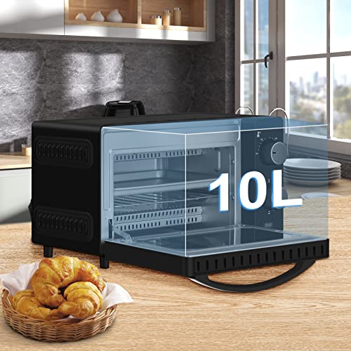WANNYTON Electric Oven 10L, Mini Oven Electric Pizza Oven Countertop Oven, 60 Minute Timer, Temperature Adjustable 100-230°C, Baking Tray, Wire Rack, Tray Handle, 650W, Black