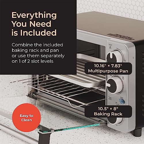 Toaster Oven 4 Slice, Multi-function Stainless Steel Finish with Timer - Toast - Bake - Broil Settings, Natural Convection - 1100 Watts of Power, Includes Baking Pan and Rack by Mueller Austria