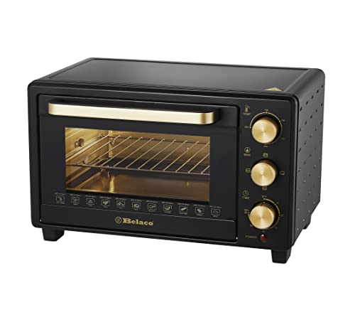 Belaco 23L Toaster Oven Tabletop Cooking Baking Portable Oven Rotiseerie1380w 60 min Timer with auto shut off 100-250° Stainless Steel Heating Tube incl. Baking Tray, Wire Rack, Handle, Rotisserie…