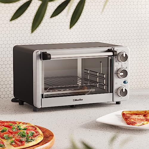 Toaster Oven 4 Slice, Multi-function Stainless Steel Finish with Timer - Toast - Bake - Broil Settings, Natural Convection - 1100 Watts of Power, Includes Baking Pan and Rack by Mueller Austria