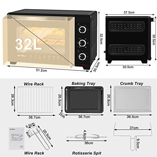 WOLTU Mini Oven 30 liters, 1600 watts Toaster Oven | Pizza Oven | Removable Crumb Tray with Timer Mini Oven for Pizza Toast Turkey Hot Dogs Black BF12sz