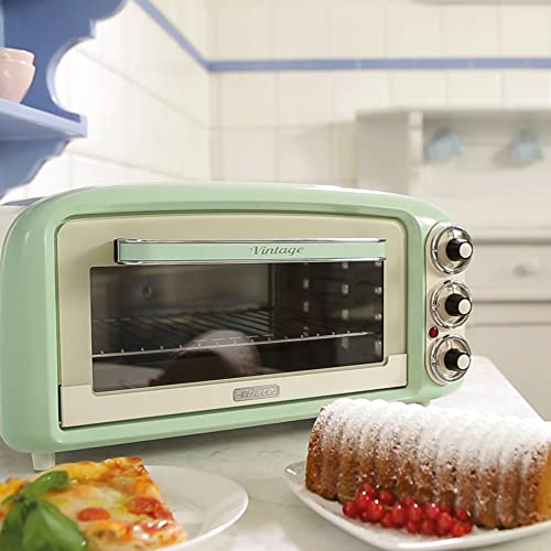 Ariete Vintage 97904 Mini Oven, 18 Litre Capacity, 1380 Watts, 3 Cooking Positions, Aluminium Baking Tray, 60 Minute Timer, Green
