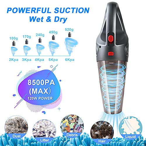 URAQT Handheld Vacuums Cordless, 8500PA Portable Handheld Hoover, 120W USB Rechargeable Car Vacuum Cleaner for Home Pet Office Car, Powerful Suction, 3H Fast Charging, Working 35Min