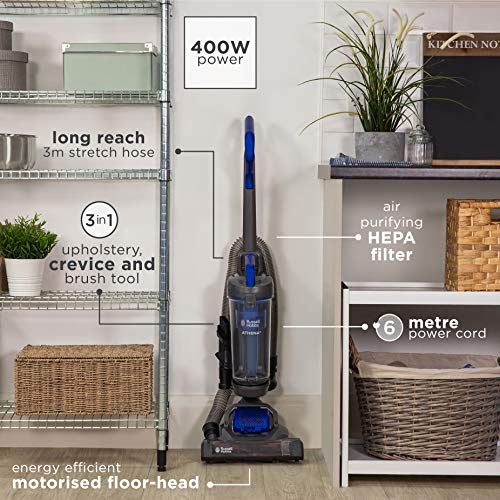 Russell Hobbs RHUV5101 ATHENA2 Upright Vacuum in Grey and Blue - Swivel Floorhead - 9 m Cleaning Radius - 2 Year Guarantee
