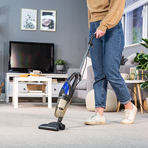 Russell Hobbs RHSV1001 Corded Upright Stick Vacuum Bagless 2 in 1 White and Blue 600W 0.5 L Dust Capacity, 5 metre Cord for Carpets & Hard Floors with Crevice & Brush Tool with 2 Year Guarantee