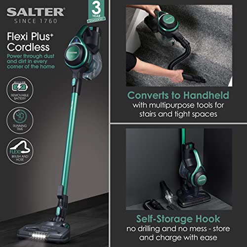 Salter SAL0046 Cordless Vacuum Cleaner - 22.2V Flexi Plus+ 2 In 1 Multi Surface Cleaner, Converts For Handheld Use, Includes Flexible Hose, 1.2L, 40 Minute Run Time, LED Motorised Floor Brush, Green