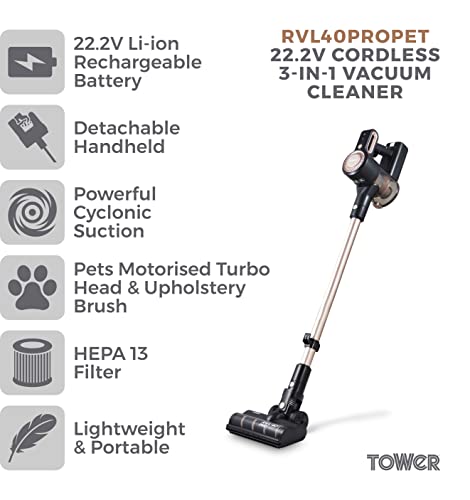 Tower T513004BLG VL40 Pro Pet 3-in-1 Cordless Vacuum Cleaner with Cyclonic Suction, Turbo Pet and Upholstery Brush, 22.2v, Rose Gold