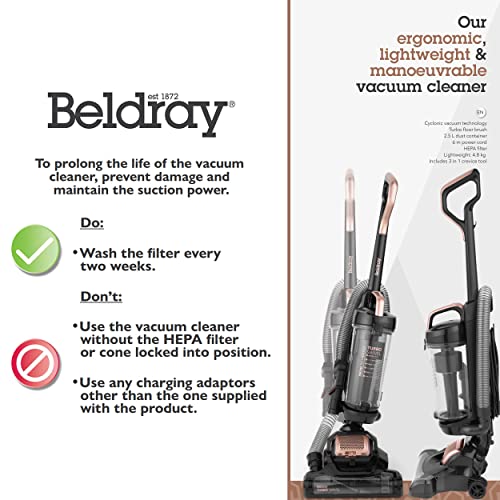 Beldray BEL0648NRG Turbo Swivel Cyclonic Vacuum Cleaner – Upright Carpet Cleaner with HEPA Filter, Multi-Surface Vacuum with 3-in-1 Brush Tool, Multidirectional Head, 2.5L Dust Tank, 2 m Flexi-Hose
