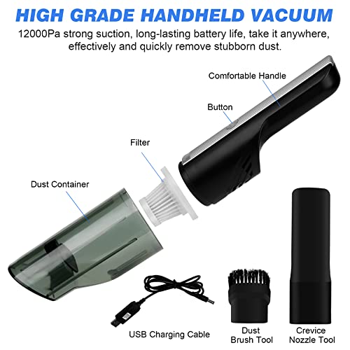 Handheld Vacuum, Cordless Vacuum Cleaner with 8000Pa Strong Suction, Portable Car Vacuum Cleaner, Mini Car Hoover, Lightweight Rechargeable Dry/Wet Vacuum for Home